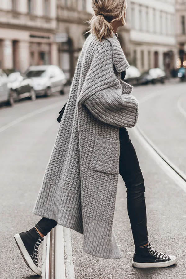 Cardigan Long Oversize en Tricot Épais avec Poches et Boutons – Chaud et Confortable