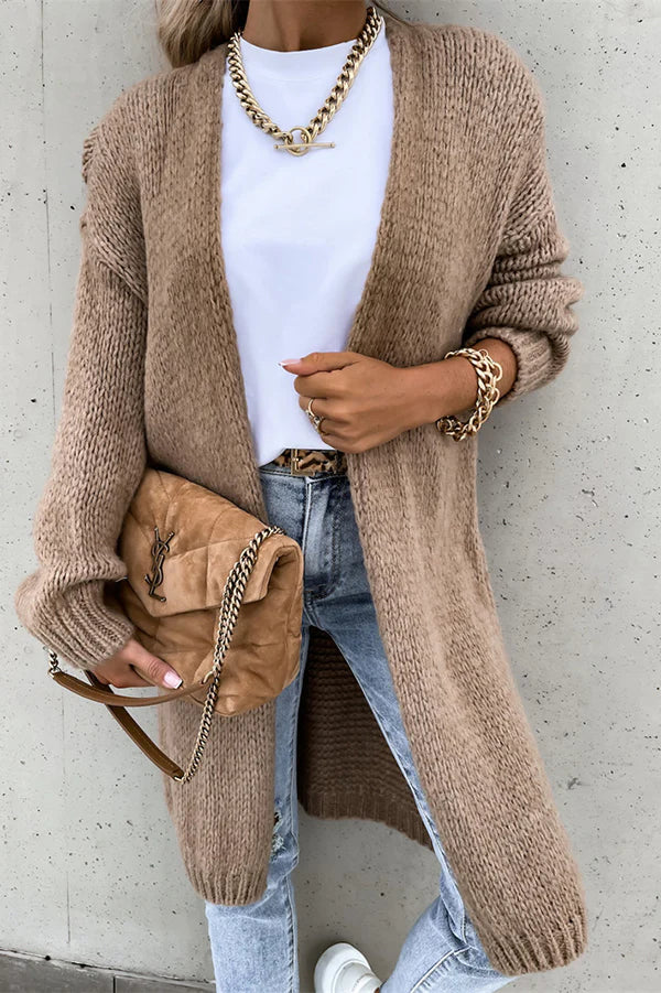 Cardigan Long Oversize à Manches Longues et Col V – Couleur Unie