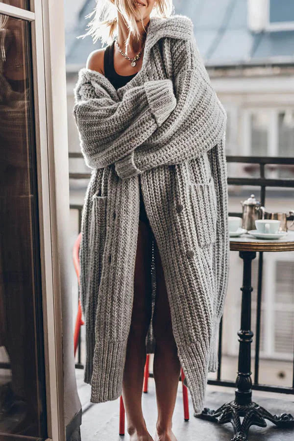 Cardigan Long Oversize en Tricot Épais avec Poches et Boutons – Chaud et Confortable