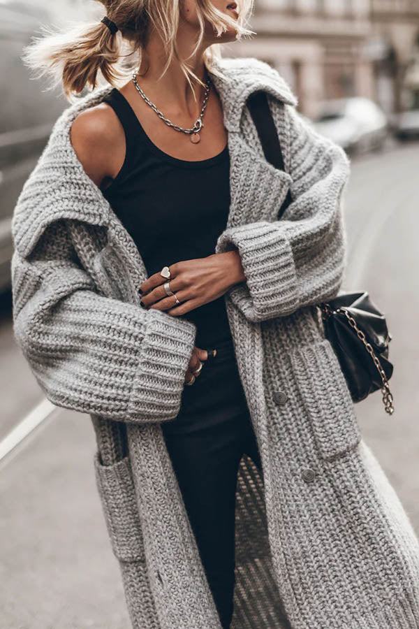 Cardigan Long Oversize en Tricot Épais avec Poches et Boutons – Chaud et Confortable
