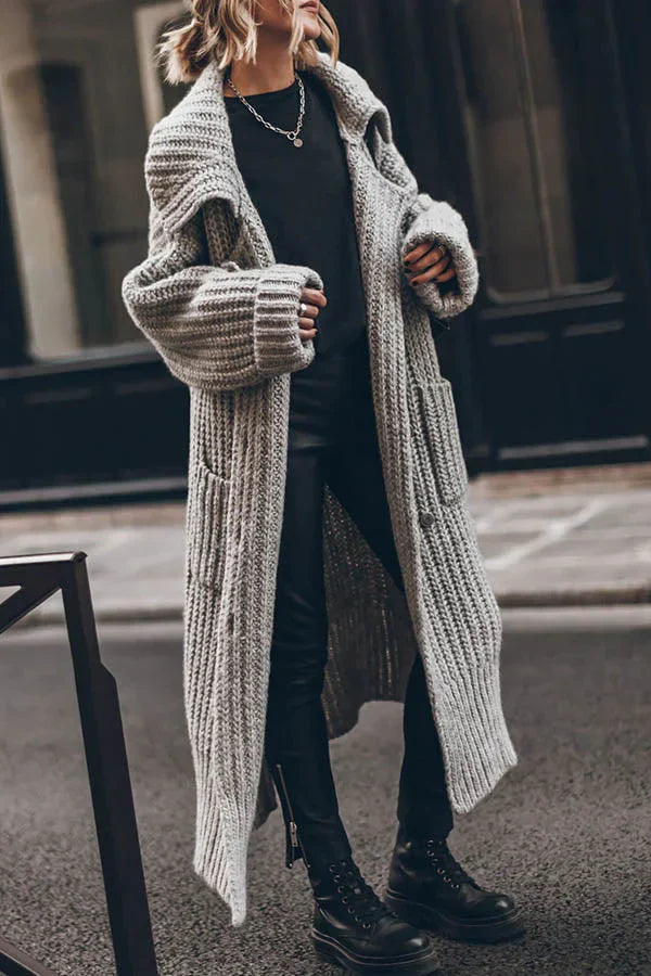 Cardigan Long Oversize en Tricot Épais avec Poches et Boutons – Chaud et Confortable