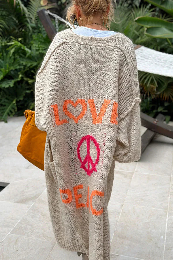 Cardigan Oversize Midi avec Imprimé au Dos et Poches – Style Décontracté