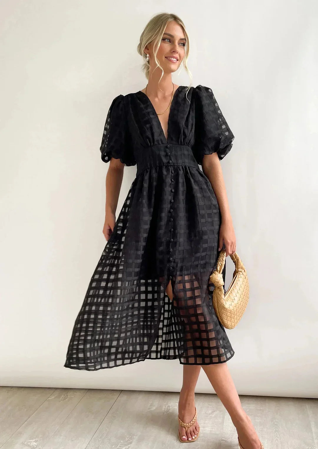 Nicole - Robe midi à imprimé carré et manches volantées by Beauty