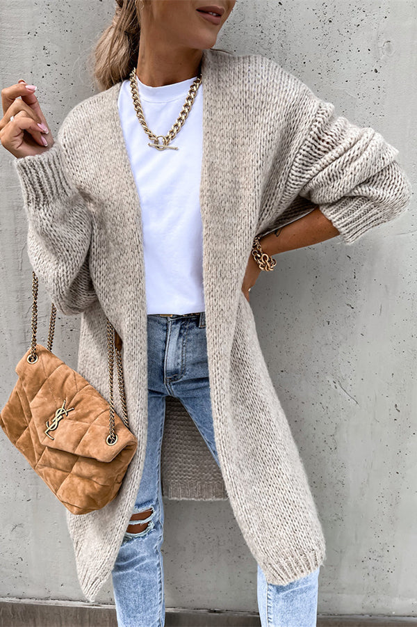 Cardigan Long Oversize à Manches Longues et Col V – Couleur Unie