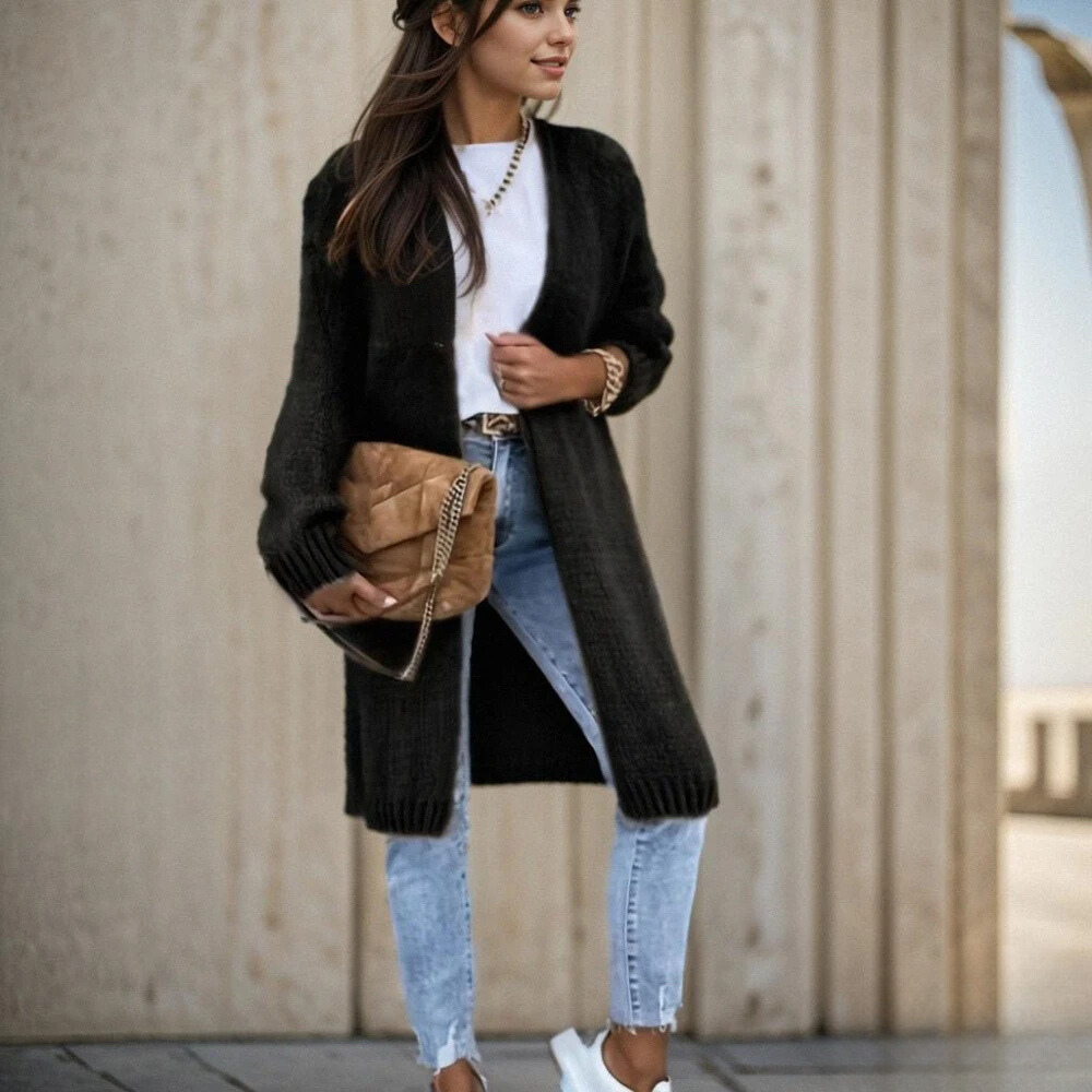 Cardigan Ouvert pour Femme avec Épaules Tombantes et Design Uni