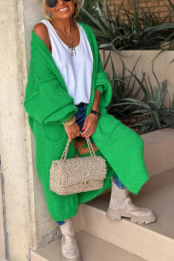 Cardigan Oversize Midi avec Imprimé au Dos et Poches – Style Décontracté