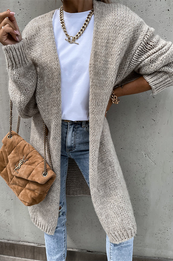 Cardigan Long Oversize à Manches Longues et Col V – Couleur Unie