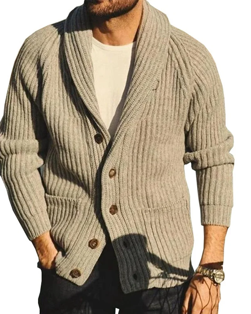 Pull Homme Boutonné à Col Revers et Manches Longues