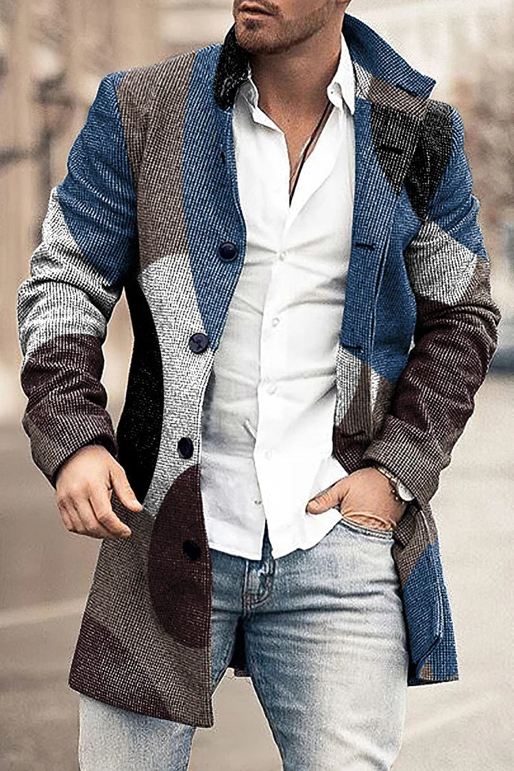 Manteau Bleu Décontracté à Motif Géométrique pour Homme