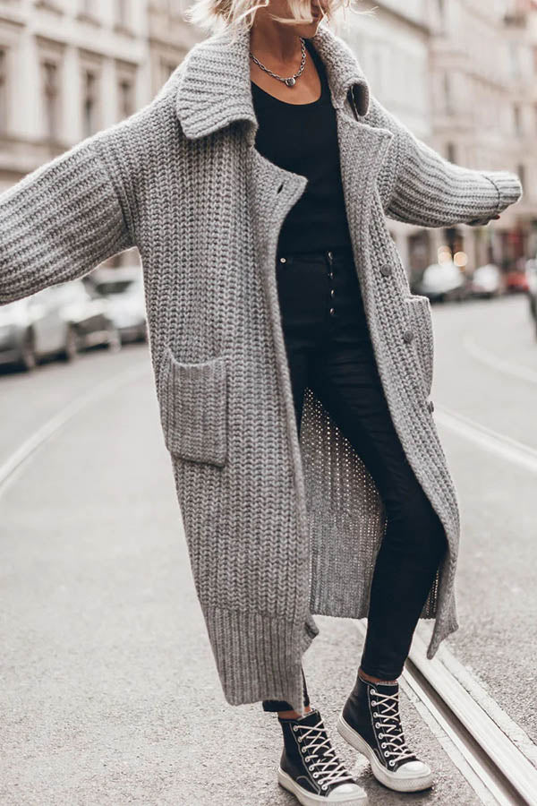 Cardigan Long Oversize en Tricot Épais avec Poches et Boutons – Chaud et Confortable