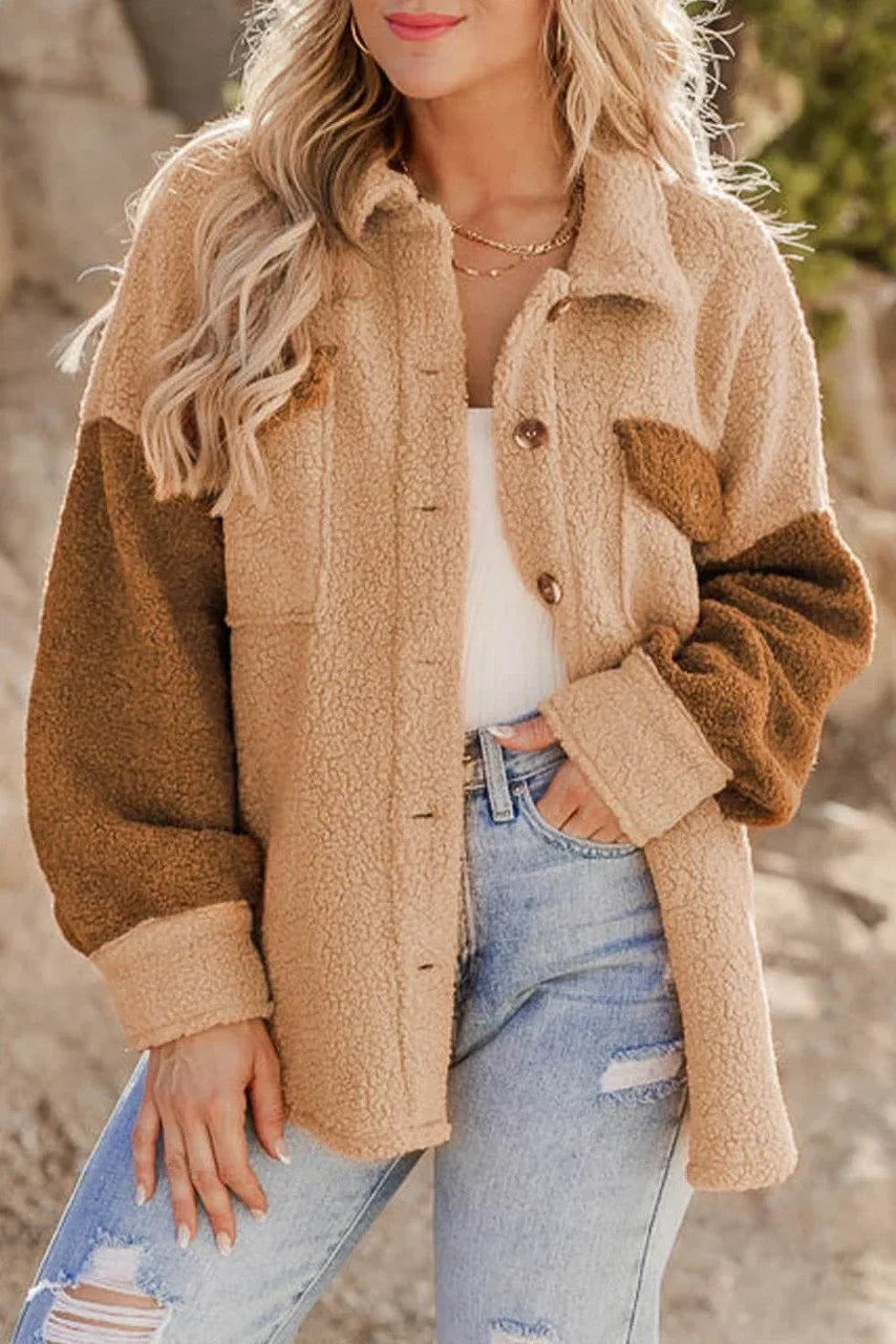 Veste Sherpa Camel à Blocs de Couleur et Poches à Rabat