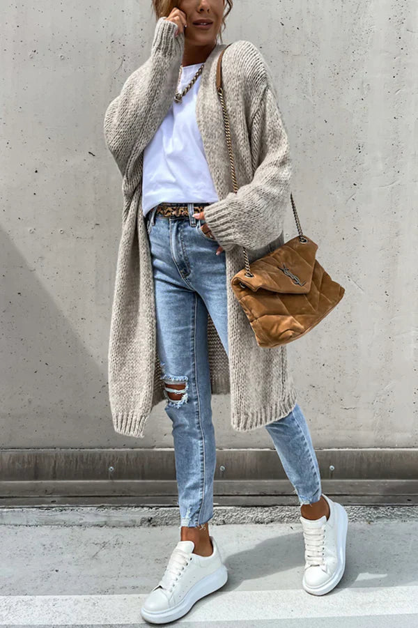Cardigan Long Oversize à Manches Longues et Col V – Couleur Unie