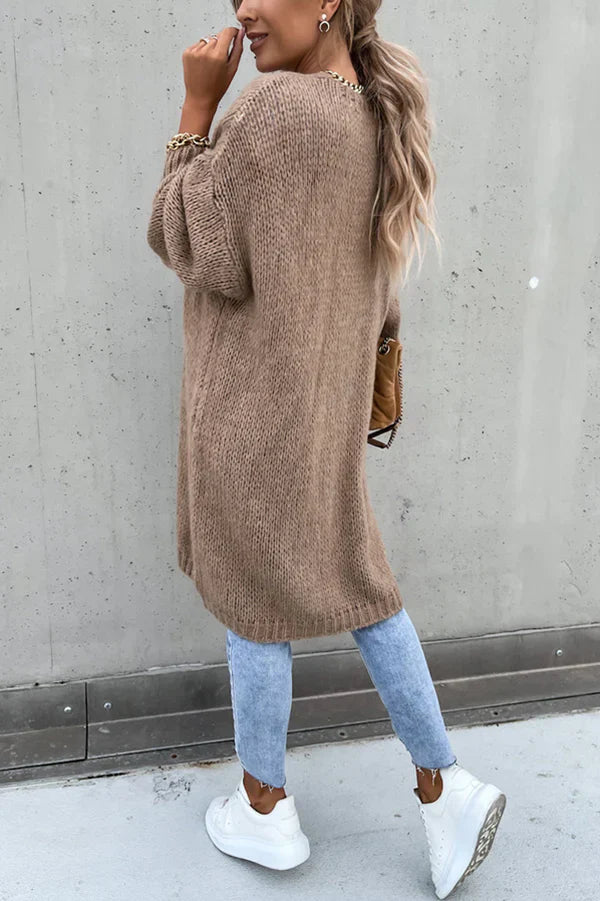 Cardigan Long Oversize à Manches Longues et Col V – Couleur Unie