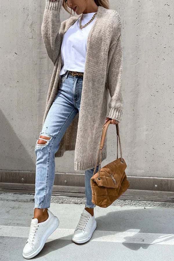 Cardigan Long Oversize à Manches Longues et Col V – Couleur Unie