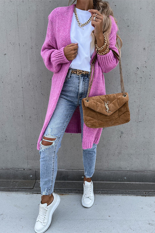 Cardigan Long Oversize à Manches Longues et Col V – Couleur Unie
