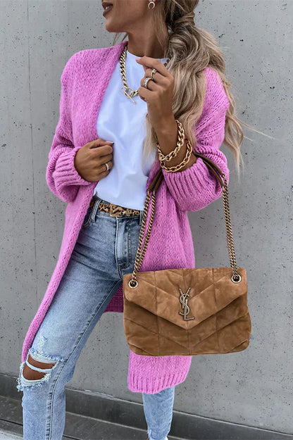 Cardigan Long Oversize à Manches Longues et Col V – Couleur Unie