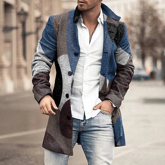 Manteau Bleu Décontracté à Motif Géométrique pour Homme
