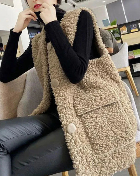 Gilet Khaki Chic d’Hiver avec Poches et Boutons Élégants