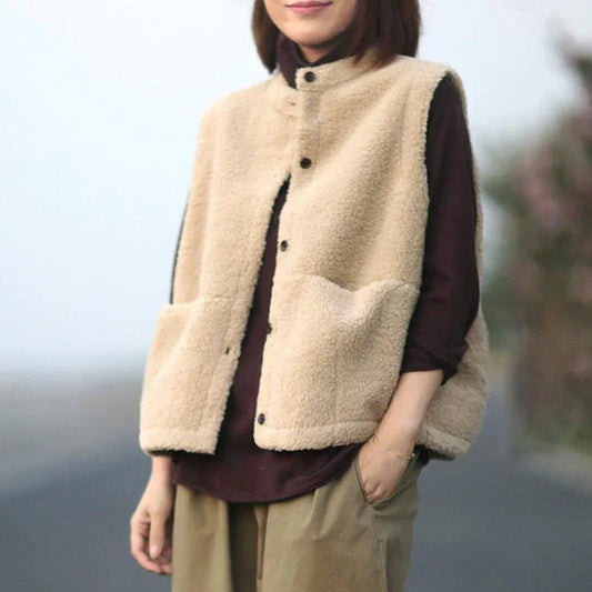 Manteau Sans Manches à Poches – Style Tendance, Taille Grande, Couleur Nude