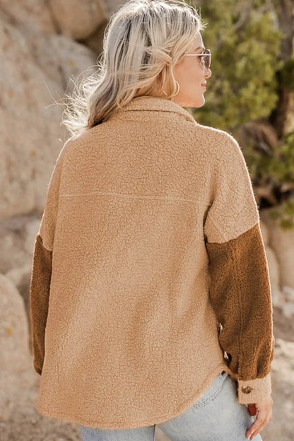 Veste Sherpa Camel à Blocs de Couleur et Poches à Rabat
